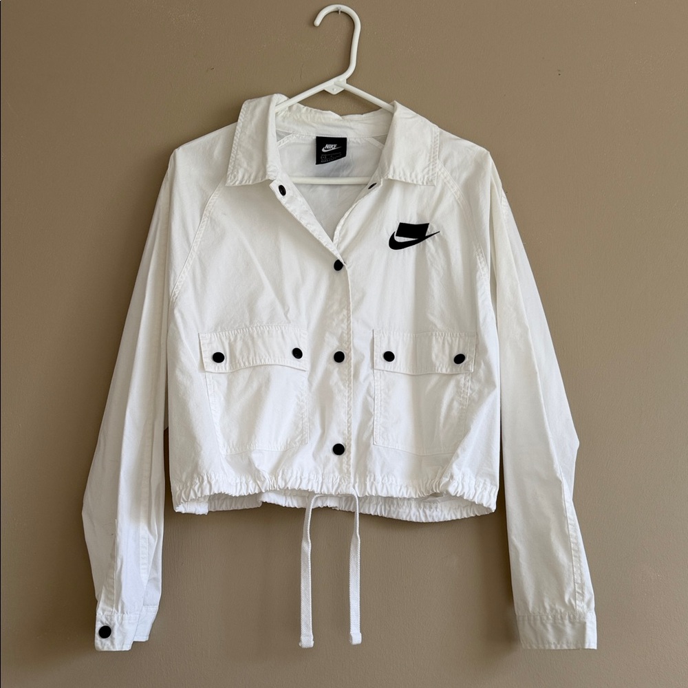 Nike White Cropped Utility Jacket with Black Swoosh - Women's